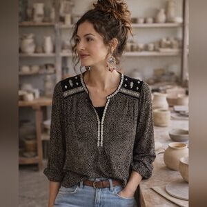NWT Lucky Brand 1X Black Boho Embroidered Blouse